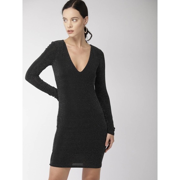 FOREVER 21 Dresses & Skirts - Forever 21 Sz. S Black Self-Design Shimmery Bodycon Dress V-Neck Long Sleeve NWT